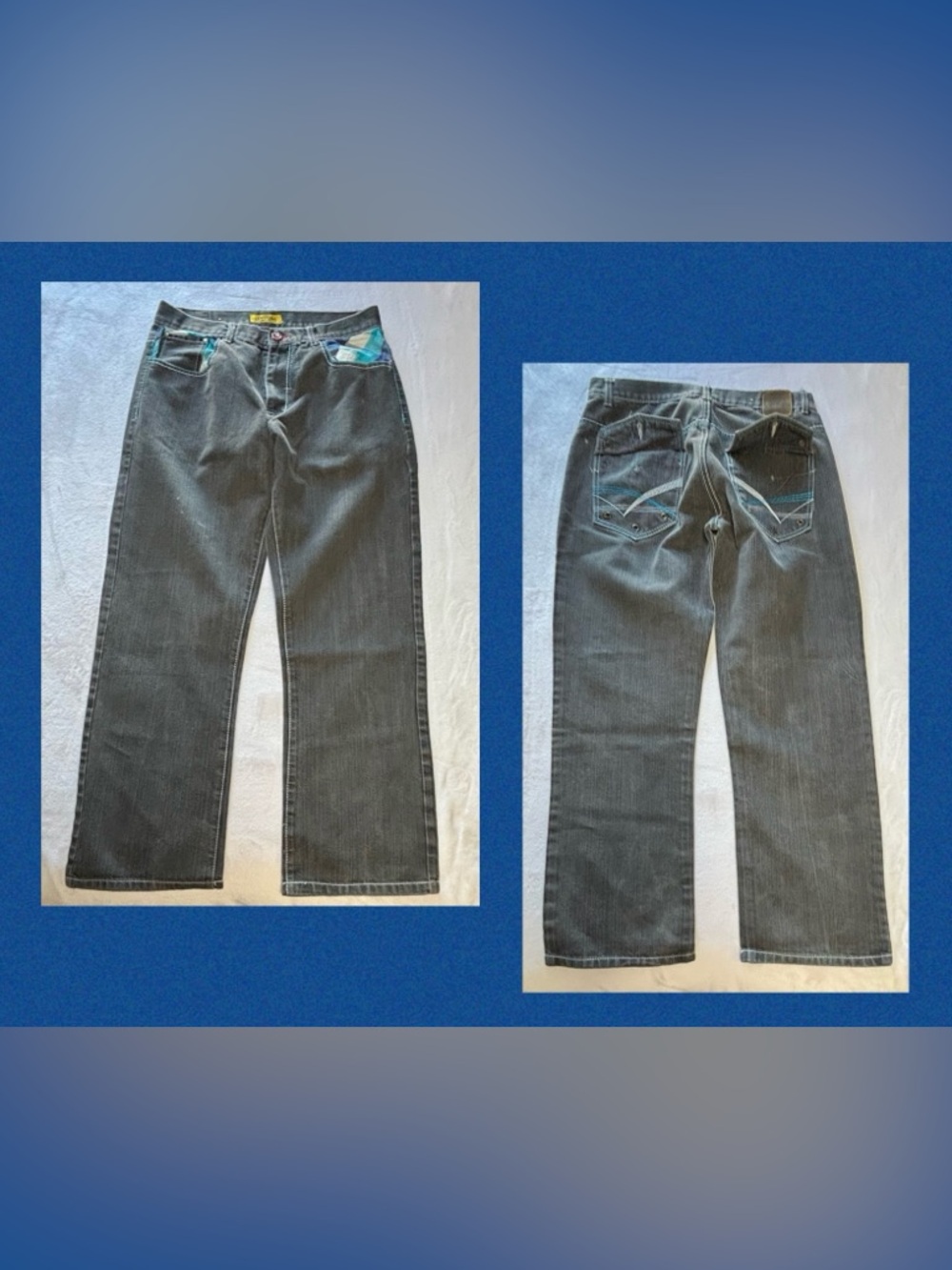 Urban Label Y2K Embroidered Baggy Jeans - 34x32 - Cyber Streetwear Grunge
